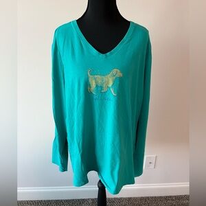 Life Is Good Turquoise V-Neck Tee with Golden Retriever Size XXL